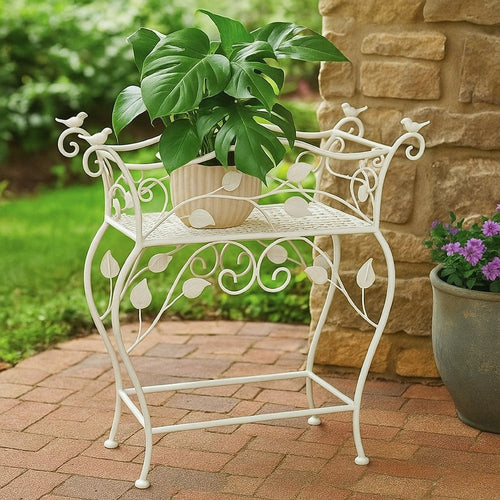 Philip Plant Stand Table | Scrolled Vine Details | Curved White Metal