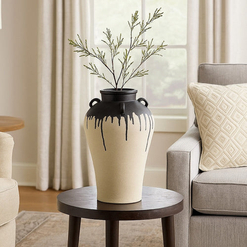 Caleb Accent Vase with Drip Pattern and Handles | Black Gray Ceramic