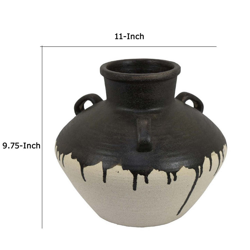 Caleb Accent Vase w Drip Pattern | Angled Handles Black Gray Ceramic BM335074