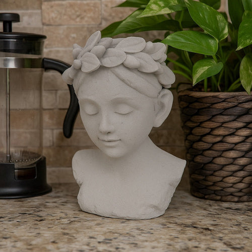 Sanie Decorative Female Bust with Floral Crown | Gray Resin 17"