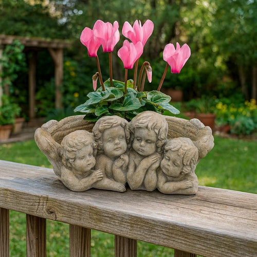 Rachel Accent Planter with 4 Sculpted Cherubs Antique White Terracotta