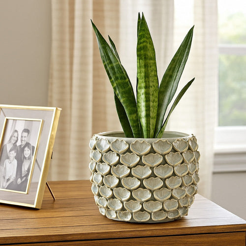 Aster Accent Planter w Raised Petal Pattern Blue Green Ceramic 10"