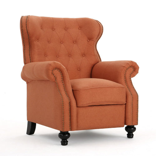 Pushback Manual Recliner Chair | Tufted Wingback Rolled Arms | Orange
