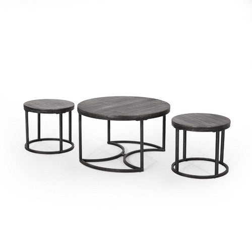 Gery 3pc Nesting Coffee and End Table Set | Gray Wood | Black Metal