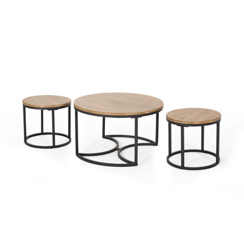 Gery 3pc Nesting Coffee and End Table Set | Brown Wood | Black Metal