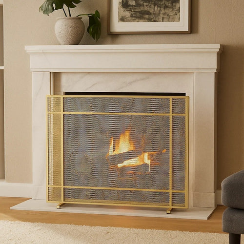 Single Panel Fireplace Screen | Diamond Mesh 32 x 41 | Gold Iron