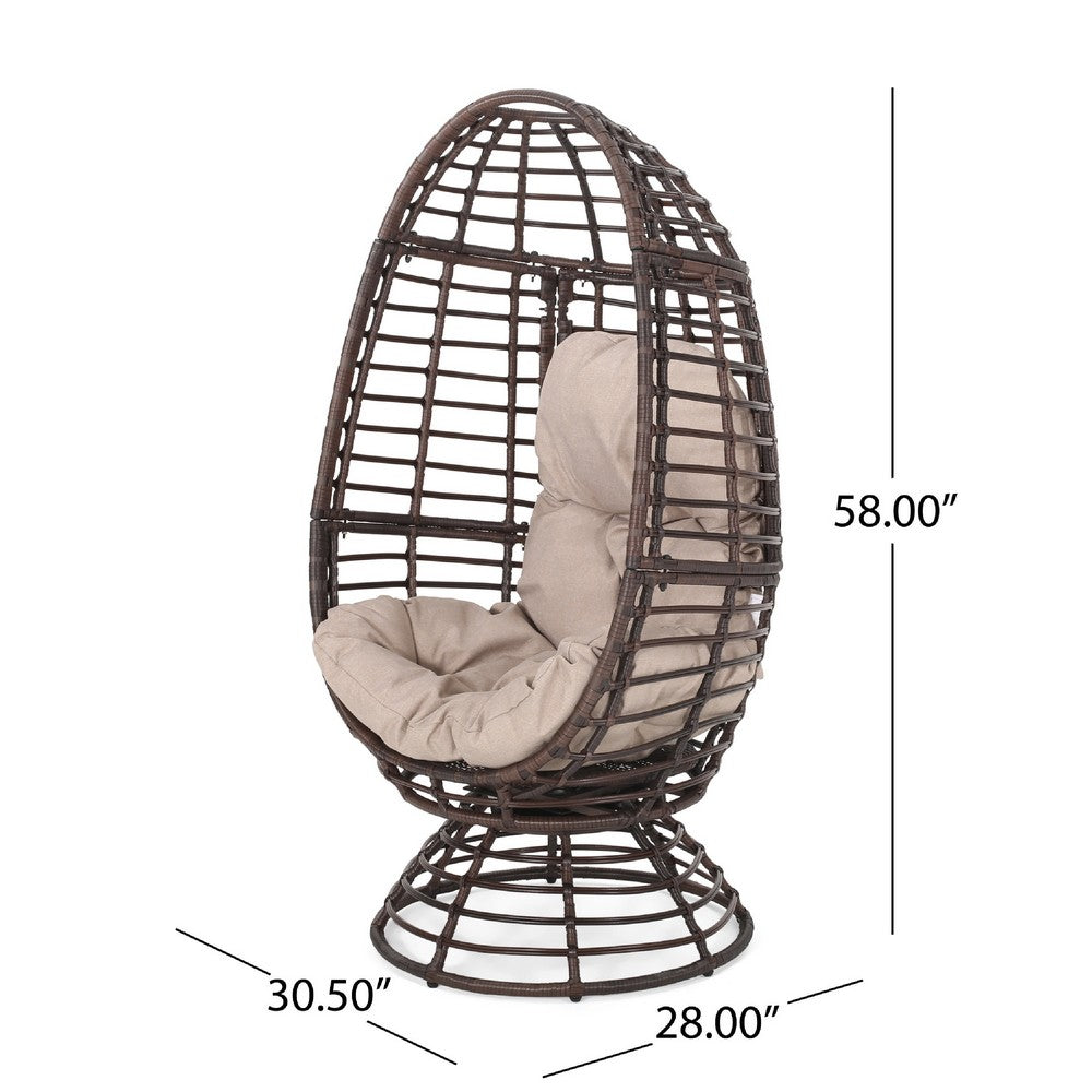 Swivel Outdoor Egg Chair | Brown PE Woven Rattan | Beige Polyester