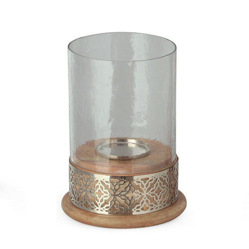 Hurricane Candleholder | Glass Cover | Nickel Lattice Base| Wood