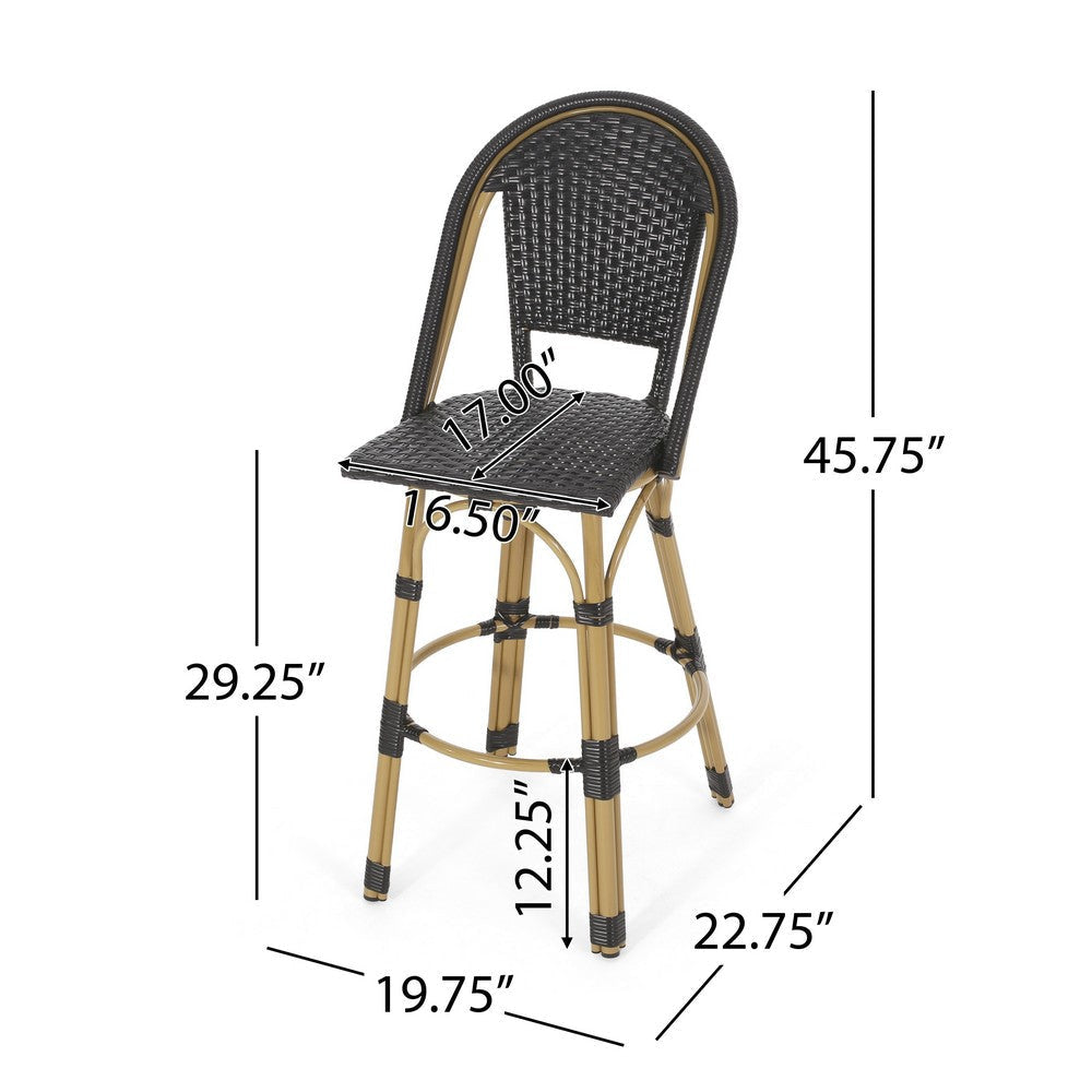 Gomy Outdoor Barstool Chair Set of 2 | Black Wicker | Brown Aluminum