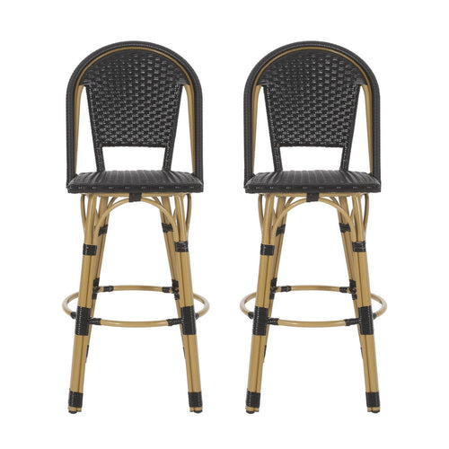 Gomy Outdoor Barstool Chair Set of 2 | Black Wicker | Brown Aluminum