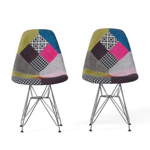 Accent Chair Set of 2 | Multicolor Pink Patchwork w Eiffel Metal Base