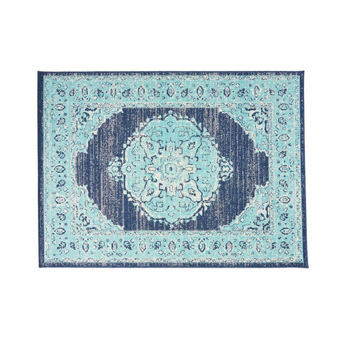 5 x 7 Outdoor Small Area Rug | Handcrafted Floral Details | Blue Ivory