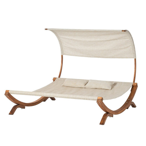 Akki Modern Sunbed with Removable Canopy | Teak Wood and Beige Fabric