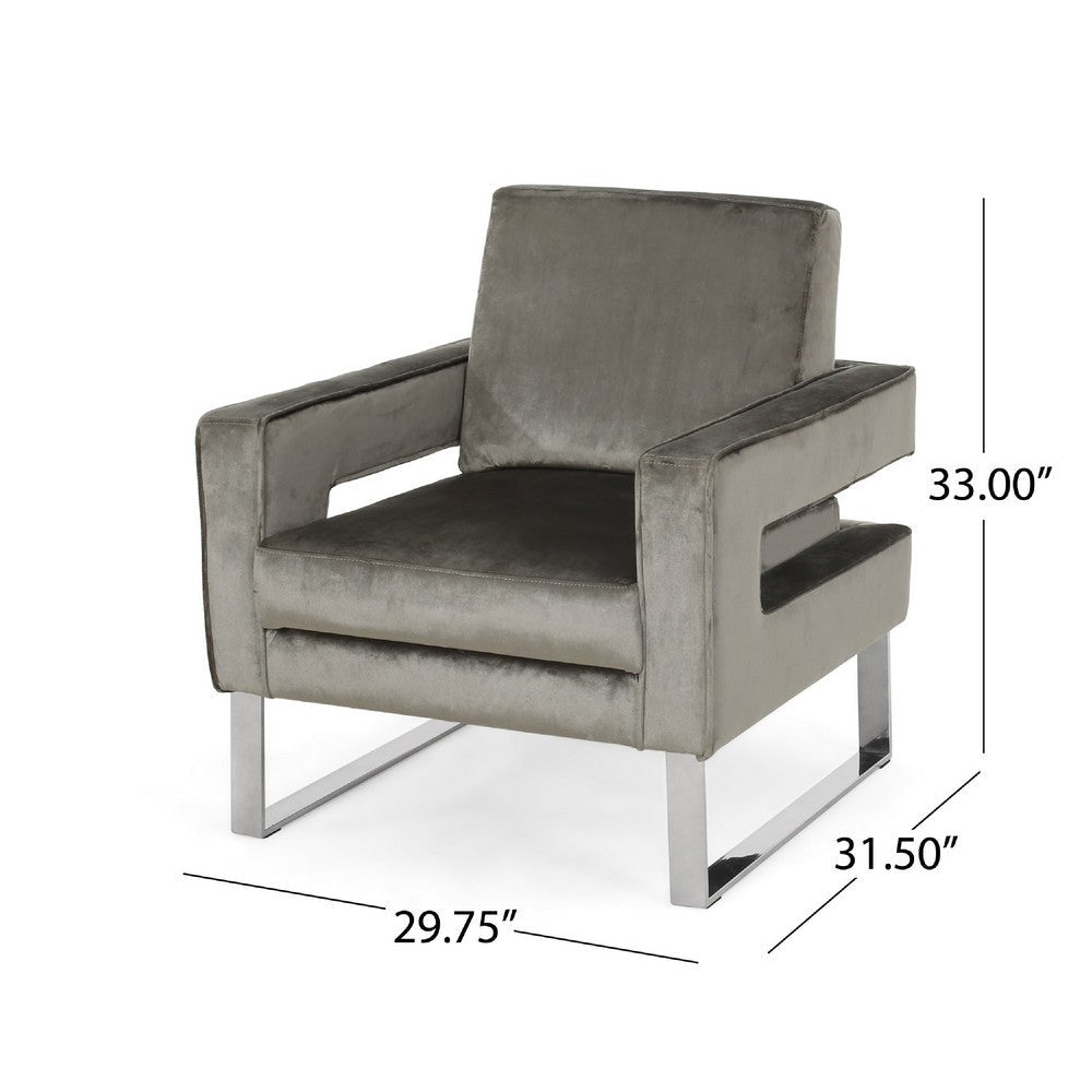 Club Armchair | Cutout Armrests | Chrome Steel and Modern Gray Velvet BM335261