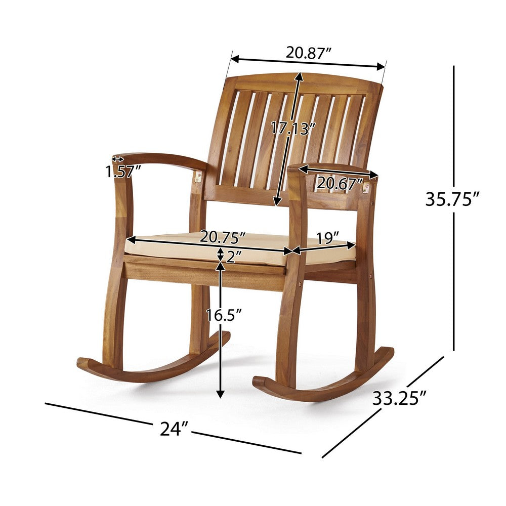 Bang Outdoor Rocking Chair w Cushion | Slatted Back Brown Acacia Wood