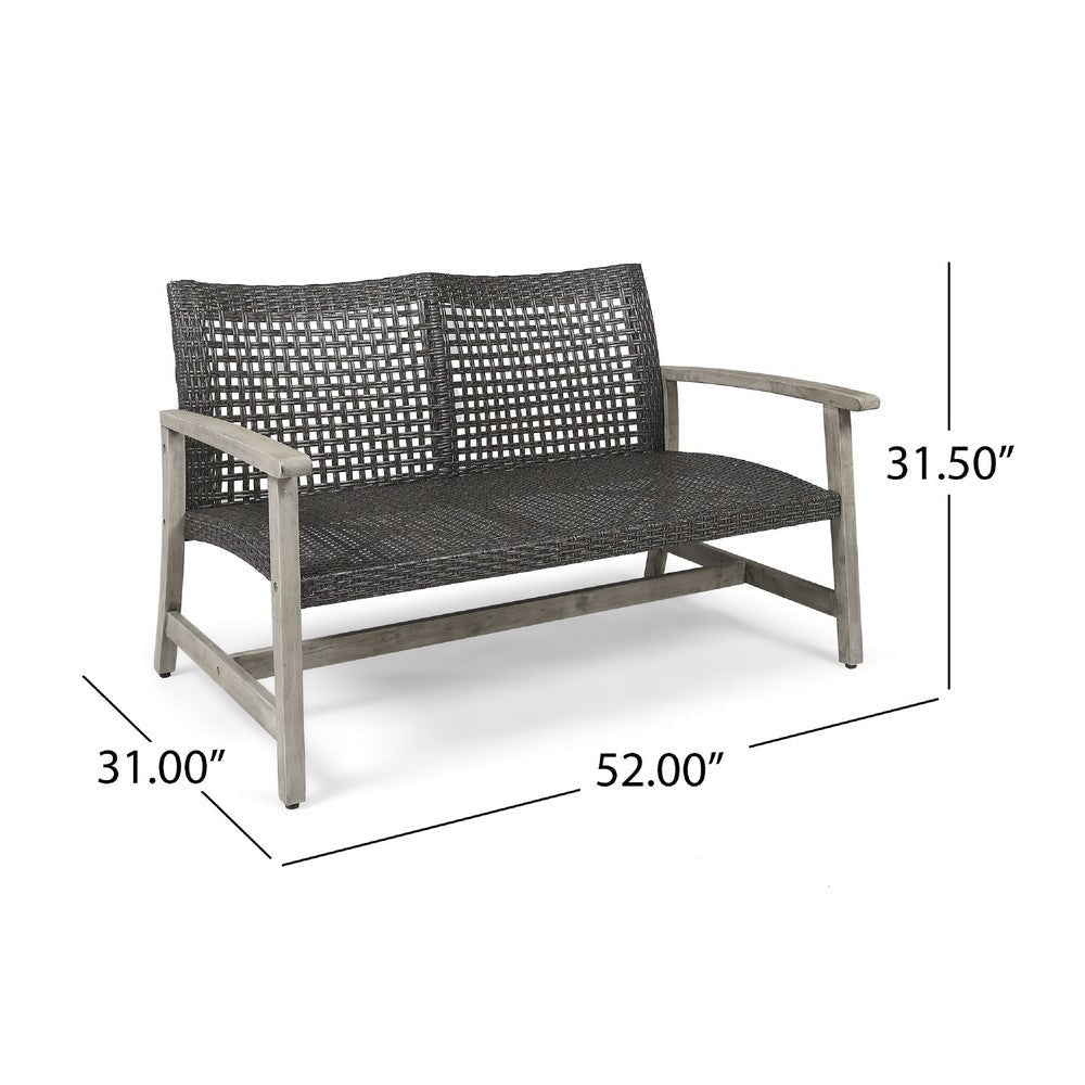 Bops Outdoor Loveseat | Rustic Acacia Wood Frame | 52’’ | Gray Wicker