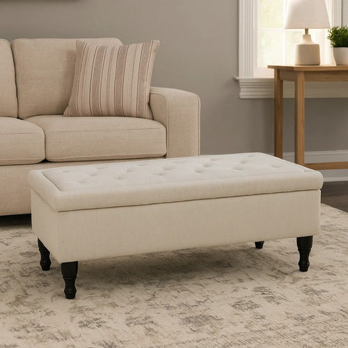 Kiyo Ottoman | Linen Ivory Faux Suede | 41" | Tufted Storage Lid