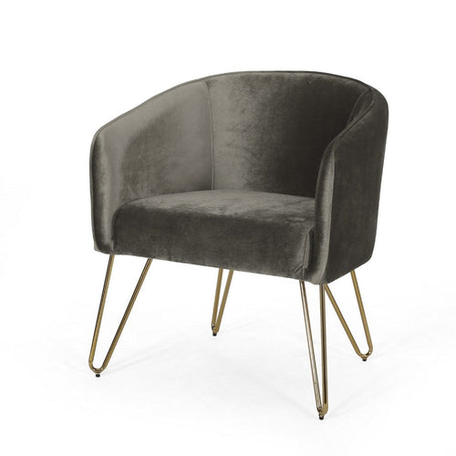 Anya Lounge Armchair | Curved Seat | Gold Hairpin Legs | Gray Velvet