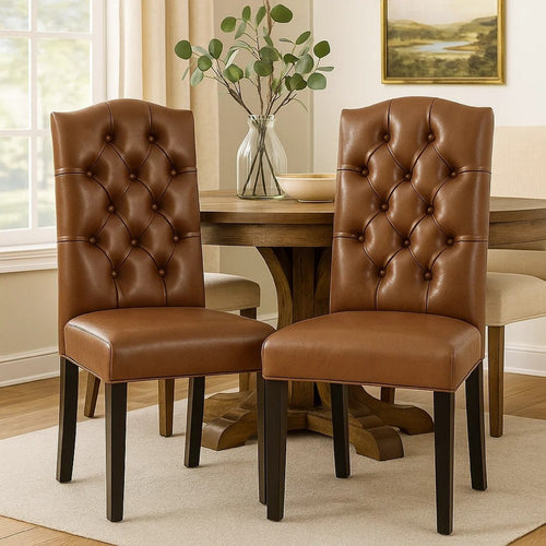 Elona Dining Chair Set of 2 | Crown Top | Brown Tufted Faux Leather