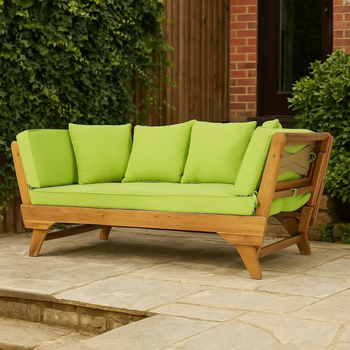 Flex Outdoor Daybed | 65" Teak Brown Acacia Wood | Green Cushions