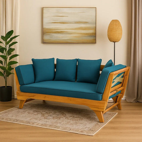Flex Outdoor Daybed | 65" Teak Brown Acacia Wood | Blue Cushions