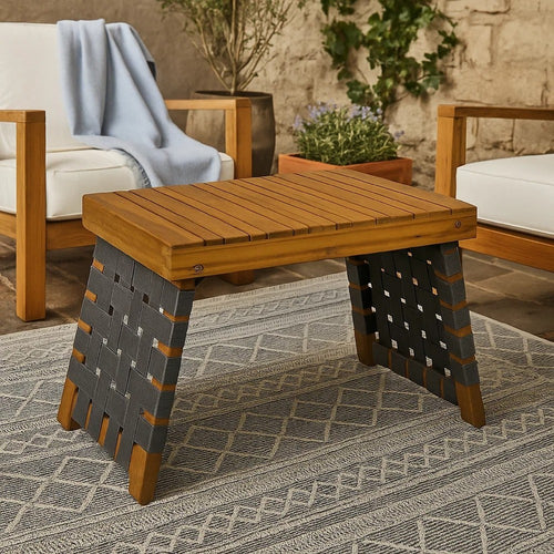Leo Outdoor Foldable Side Table | 20" Brown Wood | Black Nylon Strap