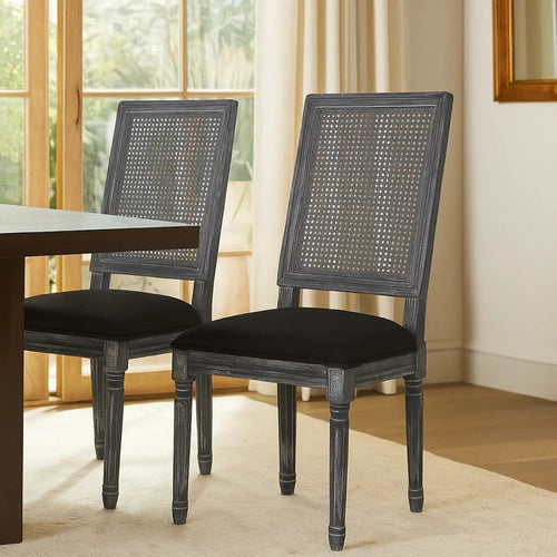 Marsie Dining Chair Set of 2 | Black Fabric | Wood Frame Cane Backrest