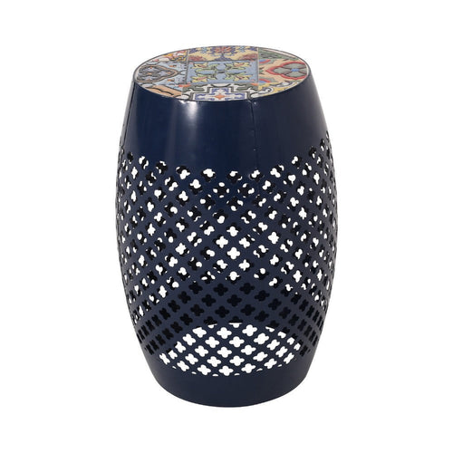 Rosie Outdoor Side Table | Dark Blue Iron | Lace Cut Drum Shape | 12"