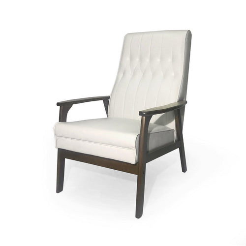 Modern Accent Chair | Snow White Tufted Faux Leather Brown Rubberwood