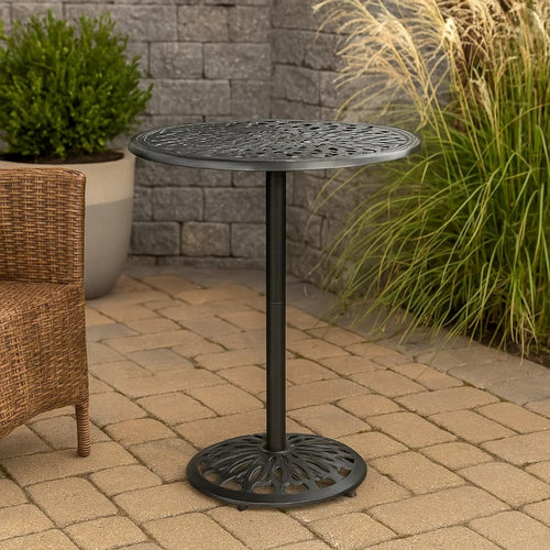 Outdoor Bar Table | 35" Round Carved Top | Antique Bronze Aluminum