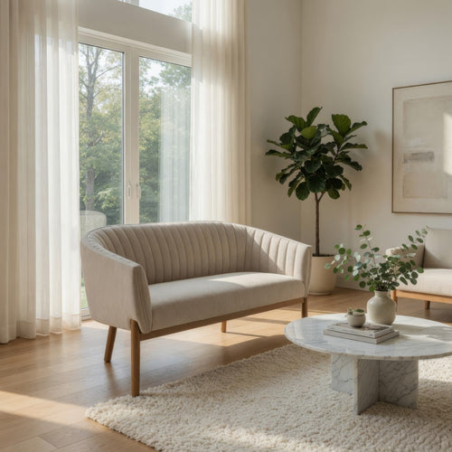 Fery Loveseat | Beige Fabric Channel Stitched Back | Brown Wood 55"