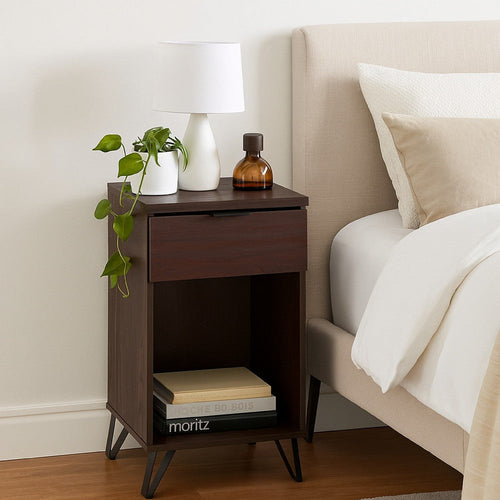 Livy Nightstand | 1 Drawer | Black Iron Legs | Walnut Brown | 27"