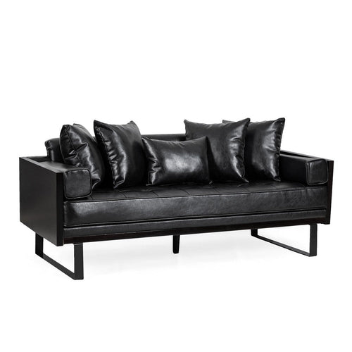 Osy Loveseat | 7 Pillows | Button Tufted Black Faux Leather | 72"