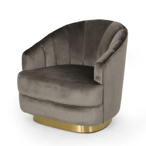 Accent Armchair | Channel Tufted Gray Velvet | Gold Metal Base