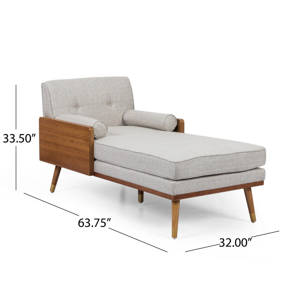 Chaise Lounger with 2 Rolled Pillows | Beige Fabric | Brown Wood 64’’ BM335440