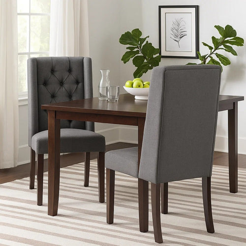 Nathan Dining Chair Set of 2 | Dark Brown Wood | Tufted Gray Wingback