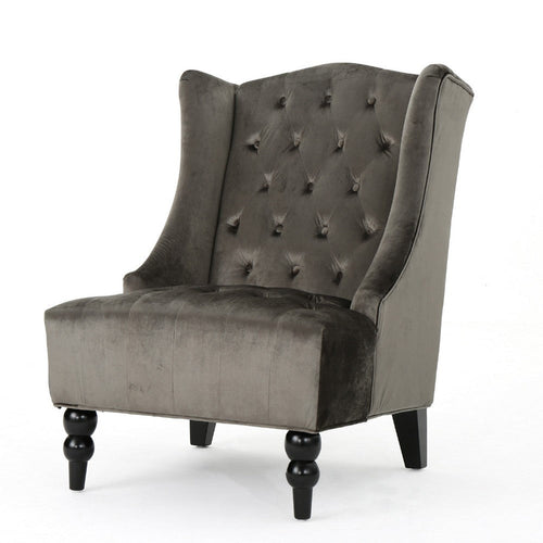 Tesy High Back Accent Club Chair | Gray Tufted Velvet | Black Wood