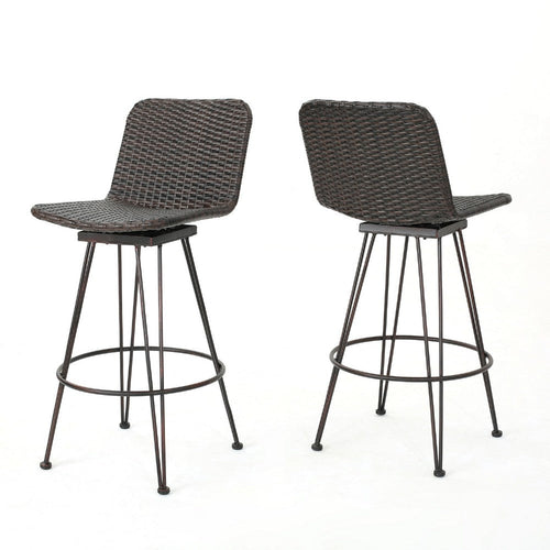 Outdoor Bar Height Chair Set of 2 | Brown Rattan | Industrial Metal