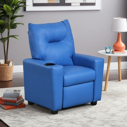 Chang Kids Recliner Chair | Built In Cupholder | Blue Faux Leather