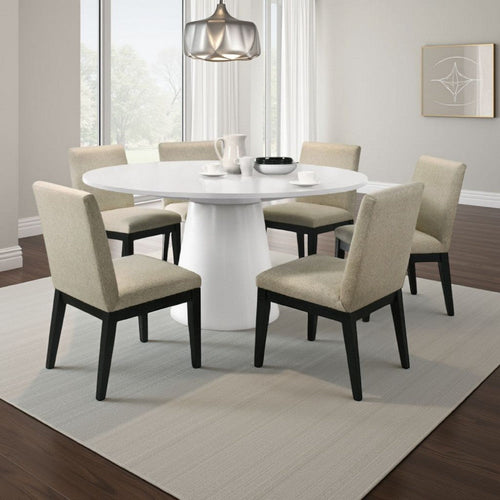 Bili 7pc Round Dining Table Set with 6 Beige Chairs | Black White Wood