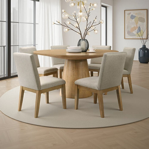 Bili 7pc Round Dining Table Set w 6 Beiige Chairs | Brown Solid Wood