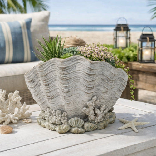 Coastal Clam Shell Planter w Coral Accents | Weathered Gray Terracotta