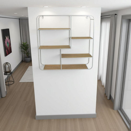 Decorative Wall Shelf with 6 Staggered Wood Racks | White Metal 24"