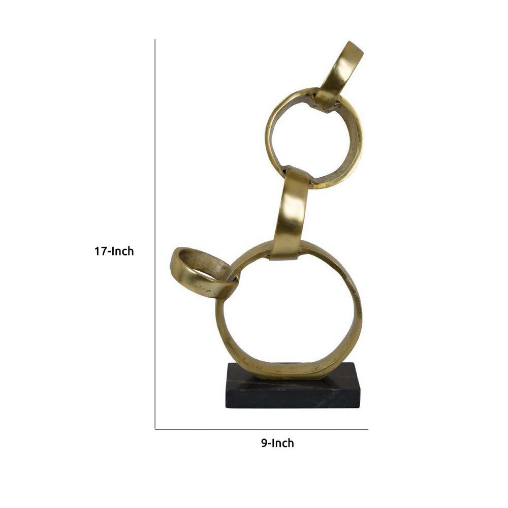 Lo Abstract Interlinked Ring Sculpture | Solid Black Base | Gold Metal