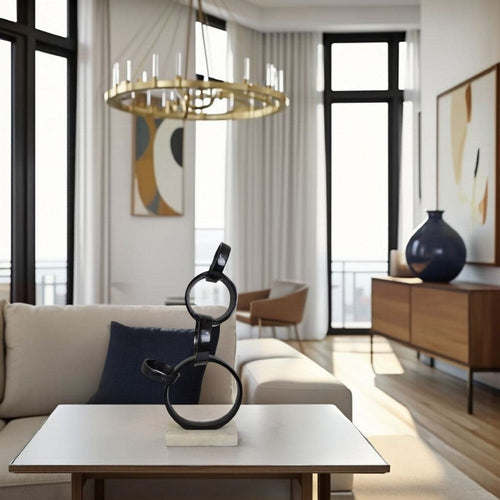 Lo Abstract Interlinked Ring Sculpture | Solid White Base Black Metal