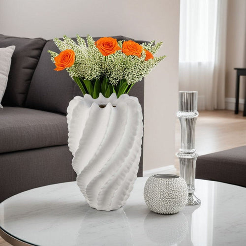 Velz Decorative Flower Vase | 18" Wavy Shape | Matte White Ceramic