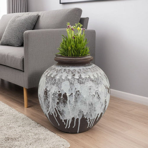 Gezy Decorative Flower Vase | 11" Classic Round Brown White Ceramic