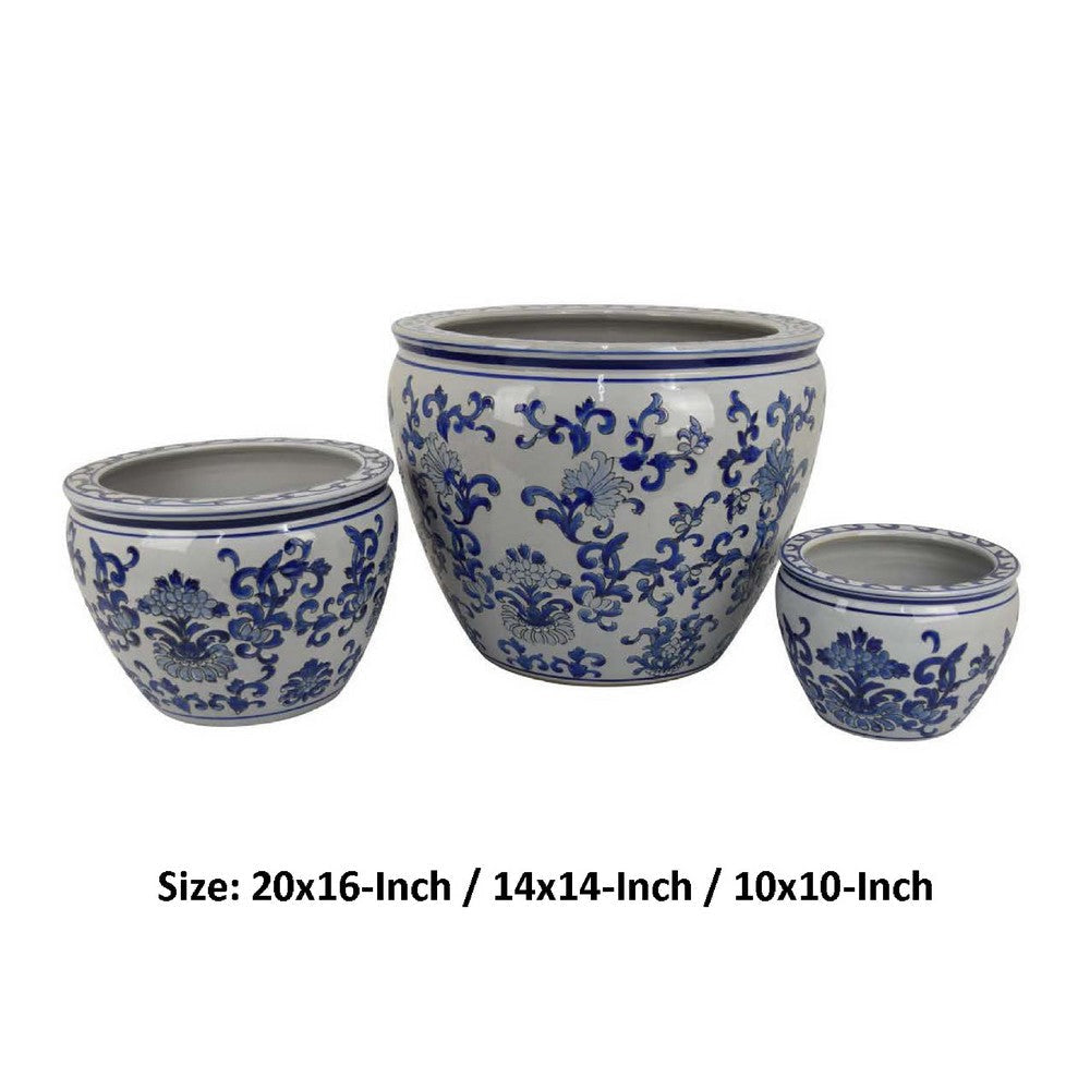 Hely 3 Planter Set | Blue Floral Vine Off White Ceramic 20 | 14 | 10’’ BM335635