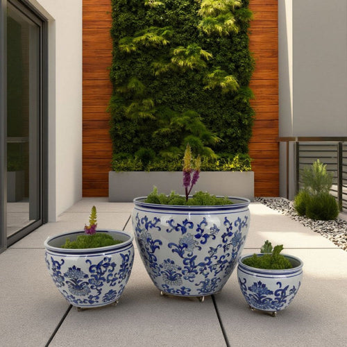 Hely 3 Planter Set | Blue Floral Vine Off White Ceramic 20 | 14 | 10"