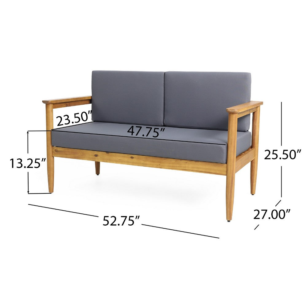 Gavie Outdoor Loveseat | Teak Brown Acacia Wood | Gray Fabric 53"